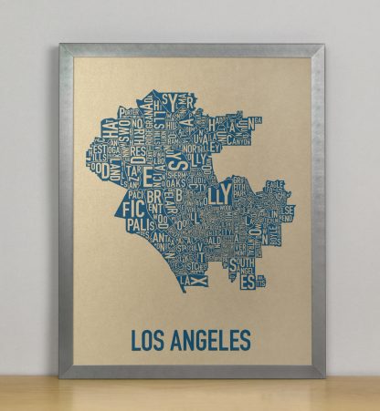 Framed Los Angeles Neighborhood Map, Gold & Blue Screenprint, 11" x 14" in Steel Grey Frame
