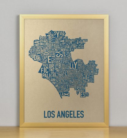 Framed Los Angeles Neighborhood Map, Gold & Blue Screenprint, 11" x 14" in Bronze Frame