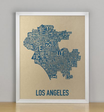 Framed Los Angeles Neighborhood Map, Gold & Blue Screenprint, 11" x 14" in Silver Frame