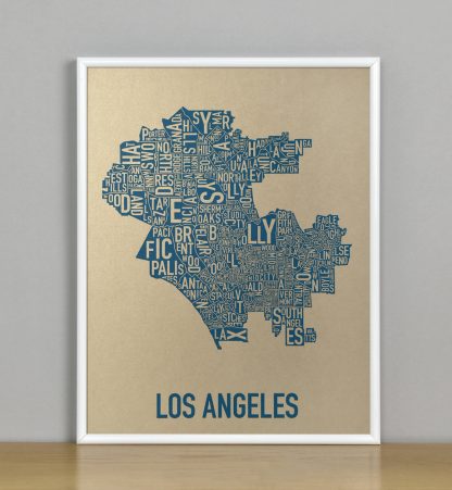 Framed Los Angeles Neighborhood Map, Gold & Blue Screenprint, 11" x 14" in White Metal Frame