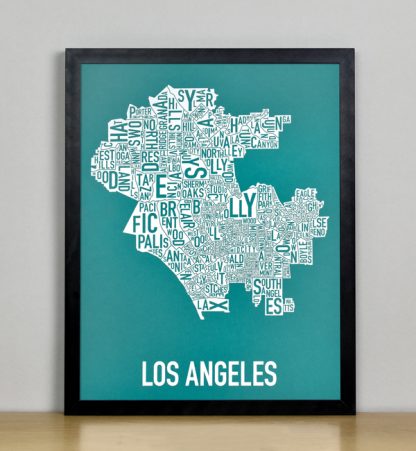 Framed Los Angeles Typographic Neighborhood Map Screenprint, Teal & White, 11" x 14" in Black Metal Frame