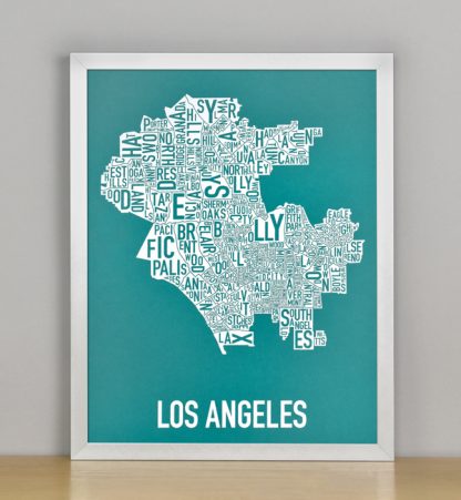 Framed Los Angeles Typographic Neighborhood Map Screenprint, Teal & White, 11" x 14" in Silver Frame