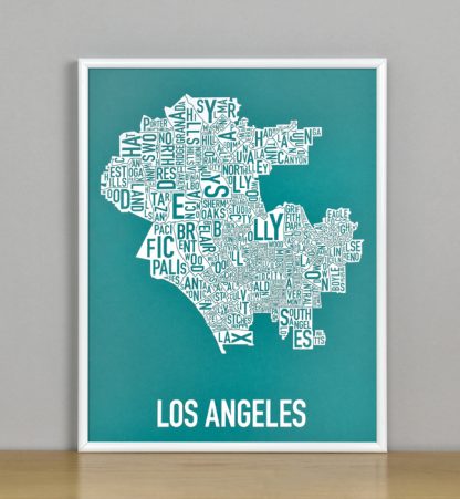 Framed Los Angeles Typographic Neighborhood Map Screenprint, Teal & White, 11" x 14" in White Metal Frame