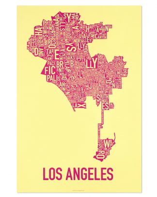 Los Angeles Neighborhood Map Screenprint, Yellow & Pink, 20" x 30"