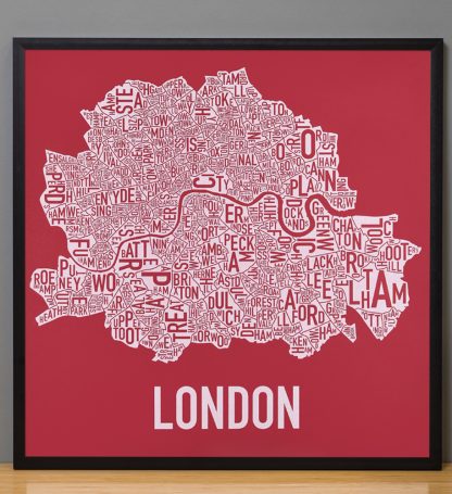 Framed Central London Neighbourhood Poster, Red & White, 20" x 20" in Black Frame
