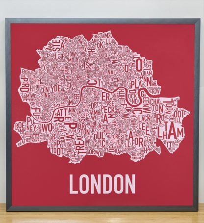 Framed Central London Neighbourhood Poster, Red & White, 20" x 20" in Steel Grey Frame