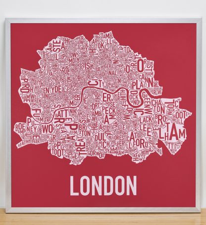 Framed Central London Neighbourhood Poster, Red & White, 20" x 20" in Silver Frame
