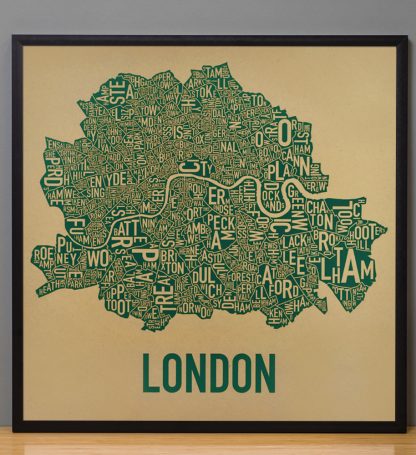 Framed Central London Neighbourhood Poster, Tan & Green, 20" x 20" in Black Frame
