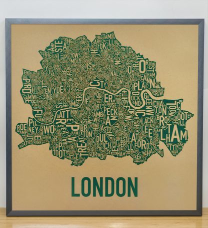 Framed Central London Neighbourhood Poster, Tan & Green, 20" x 20" in Steel Grey Frame