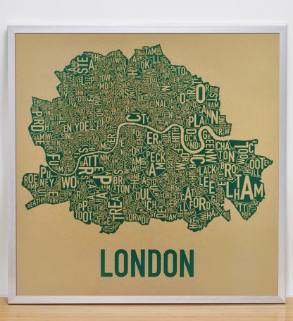 Framed Central London Neighbourhood Poster, Tan & Green, 20" x 20" in Silver Frame