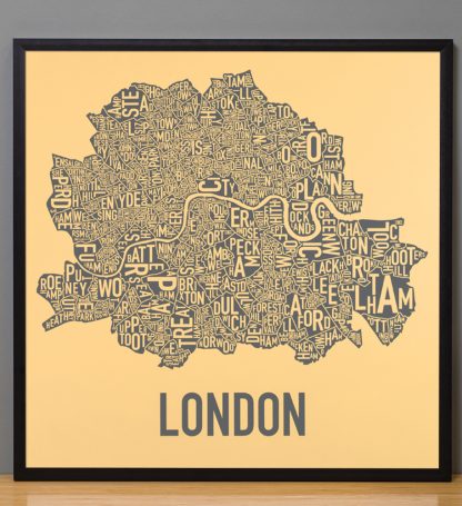 Framed Central London Neighbourhood Poster, Yellow & Grey, 20" x 20" in Black Frame
