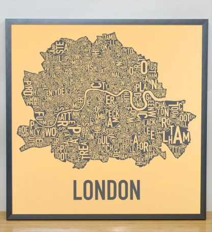 Framed Central London Neighbourhood Poster, Yellow & Grey, 20" x 20" in Steel Grey Frame