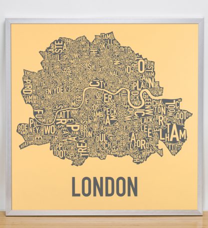 Framed Central London Neighbourhood Poster, Yellow & Grey, 20" x 20" in Silver Frame