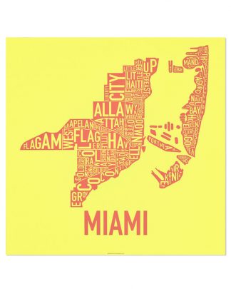 Miami Neighborhood Map Print, Yellow & Coral silkscreen, 18" x 18"