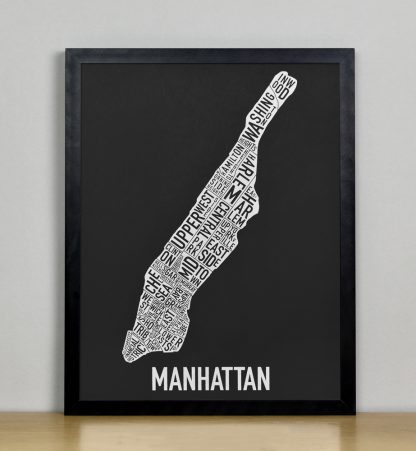 Framed Manhattan Neighborhood Map Screenprint, Black & White, 11" x 14" in Black Frame