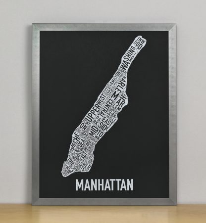 Framed Manhattan Neighborhood Map Screenprint, Black & White, 11" x 14" in Steel Grey Frame
