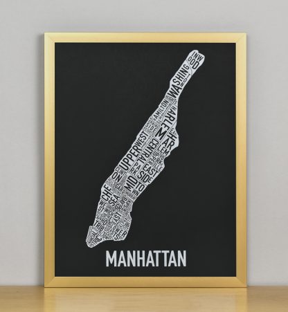 Framed Manhattan Neighborhood Map Screenprint, Black & White, 11" x 14" in Bronze Frame