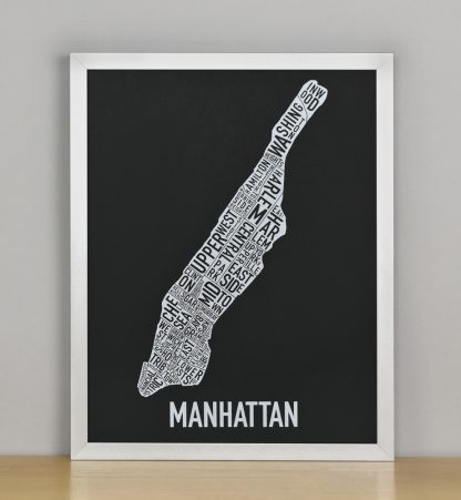 Framed Manhattan Neighborhood Map Screenprint, Black & White, 11" x 14" in Silver Frame