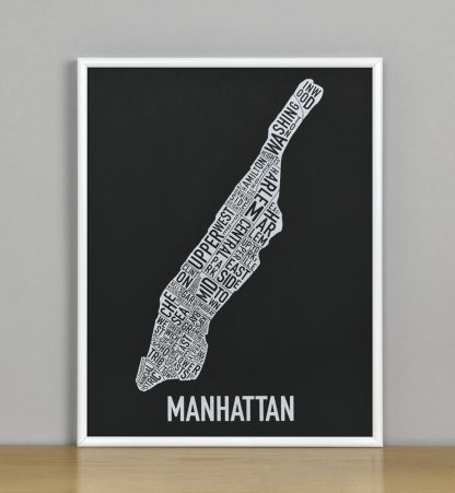 Framed Manhattan Neighborhood Map Screenprint, Black & White, 11" x 14" in White Metal Frame