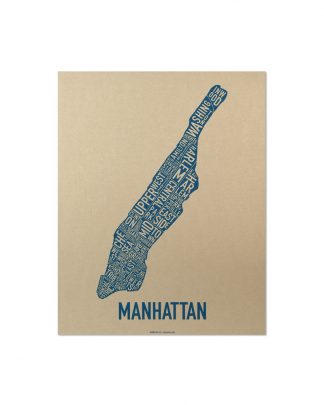 Manhattan Neighborhood Map, Gold & Blue Screenprint, 11" x 14"