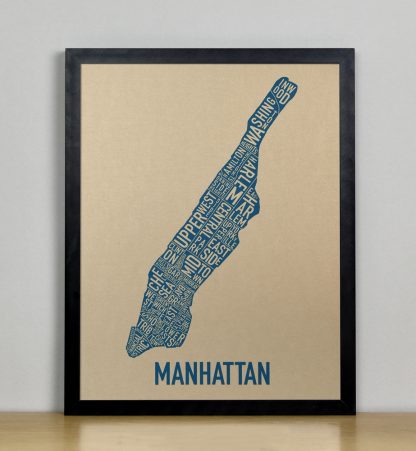 Framed Manhattan Neighborhood Map, Gold & Blue Screenprint, 11" x 14" in Black Frame