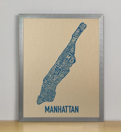 Framed Manhattan Neighborhood Map, Gold & Blue Screenprint, 11" x 14" in Steel Grey Frame