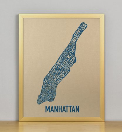 Framed Manhattan Neighborhood Map, Gold & Blue Screenprint, 11" x 14" in Bronze Frame