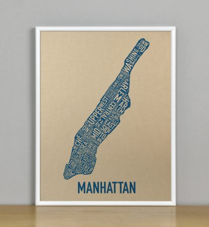 Framed Manhattan Neighborhood Map, Gold & Blue Screenprint, 11" x 14" in White Metal Frame