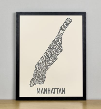 Framed Manhattan Neighborhood Map Screenprint, Ivory & Grey, 11" x 14" in Black Frame
