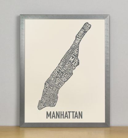 Framed Manhattan Neighborhood Map Screenprint, Ivory & Grey, 11" x 14" in Steel Grey Frame