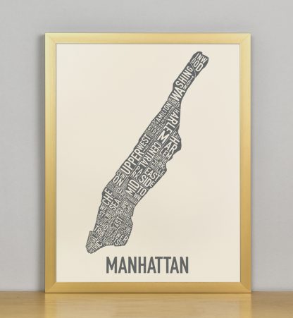 Framed Manhattan Neighborhood Map Screenprint, Ivory & Grey, 11" x 14" in Bronze Frame