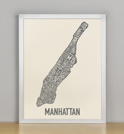 Framed Manhattan Neighborhood Map Screenprint, Ivory & Grey, 11" x 14" in Silver Frame