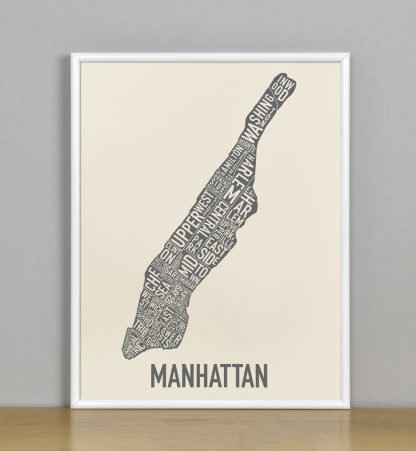 Framed Manhattan Neighborhood Map Screenprint, Ivory & Grey, 11" x 14" in White Metal Frame