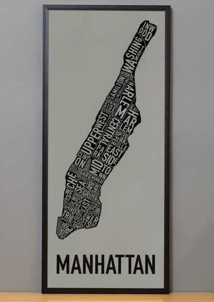 Framed Manhattan Neighborhood Map Screenprint, Grey & Black, 13" x 30" in Black Frame