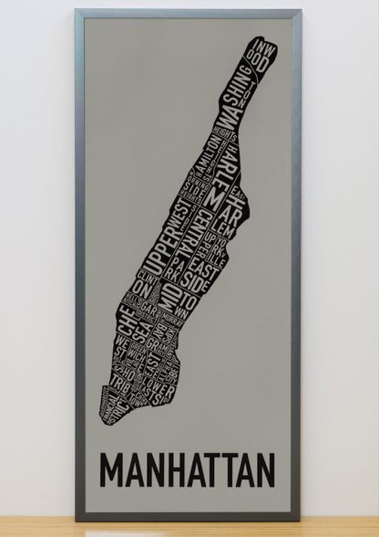 Framed Manhattan Neighborhood Map Screenprint, Grey & Black, 13" x 30" in Steel Grey Frame