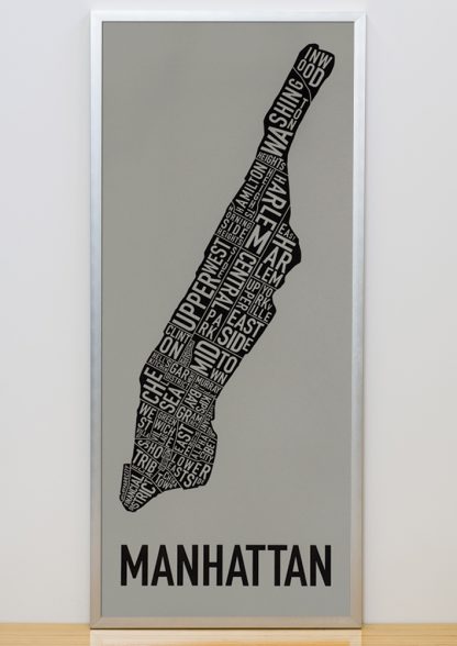 Framed Manhattan Neighborhood Map Screenprint, Grey & Black, 13" x 30" in Silver Frame
