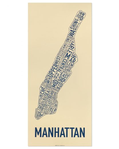Manhattan Neighborhood Map Screenprint, Tan & Navy, 13" x 30"