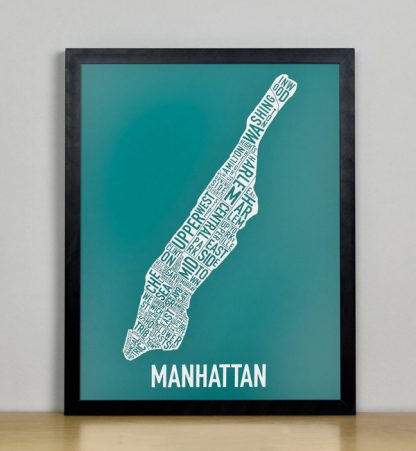 Framed Manhattan Typographic Neighborhood Map Screenprint, Teal & White, 11" x 14" in Black Frame