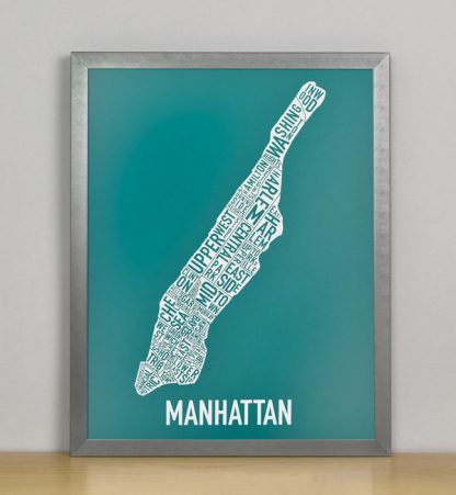 Framed Manhattan Typographic Neighborhood Map Screenprint, Teal & White, 11" x 14" in Steel Grey Frame