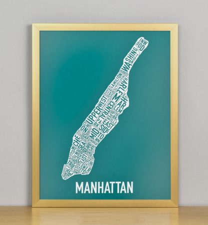 Framed Manhattan Typographic Neighborhood Map Screenprint, Teal & White, 11" x 14" in Bronze Frame