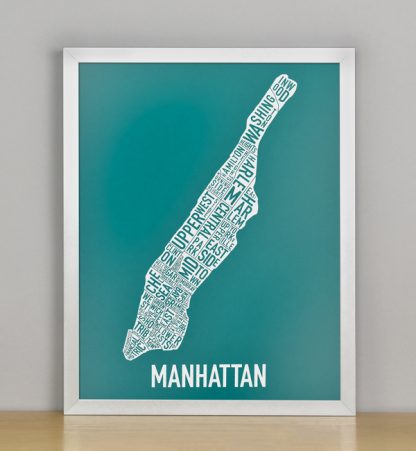 Framed Manhattan Typographic Neighborhood Map Screenprint, Teal & White, 11" x 14" in Silver Frame