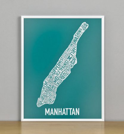 Framed Manhattan Typographic Neighborhood Map Screenprint, Teal & White, 11" x 14" in White Metal Frame