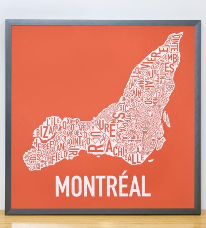 Framed Montreal Neighbourhoods Map, Orange & White, 18" x 18" in Steel Grey Frame