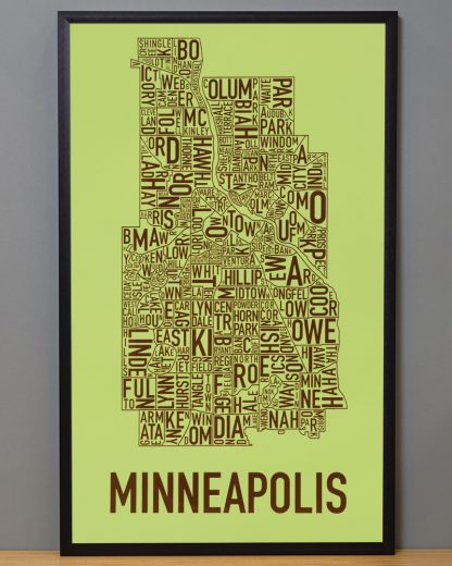 Framed Minneapolis Neighborhood Map Screenprint, Green & Brown, 16" x 26" in Black Frame