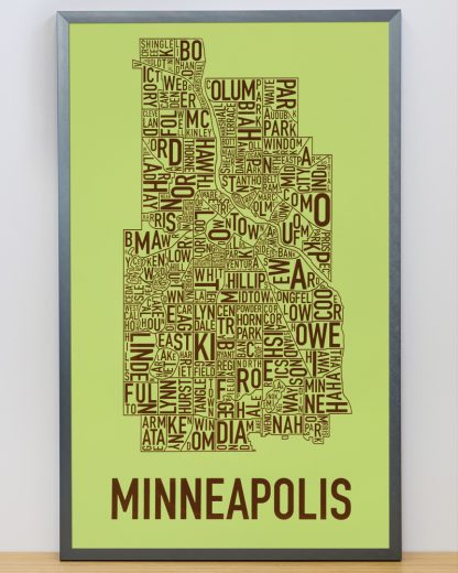 Framed Minneapolis Neighborhood Map Screenprint, Green & Brown, 16" x 26" in Steel Grey Frame