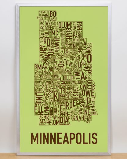 Framed Minneapolis Neighborhood Map Screenprint, Green & Brown, 16" x 26" in Silver Frame