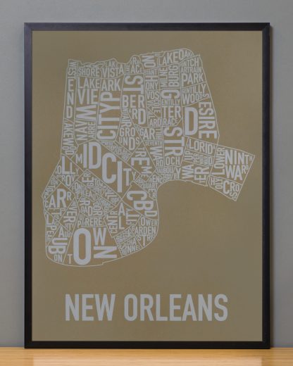 Framed New Orleans Neighborhood Map Screenprint, Olive & Grey, 18" x 24" in Black Frame