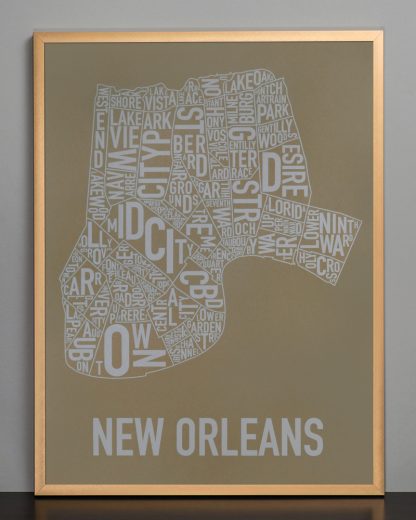 Framed New Orleans Neighborhood Map Screenprint, Olive & Grey, 18" x 24" in Bronze Frame