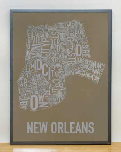 Framed New Orleans Neighborhood Map Screenprint, Olive & Grey, 18" x 24" in Grey Frame