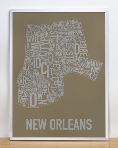 Framed New Orleans Neighborhood Map Screenprint, Olive & Grey, 18" x 24" in Silver Frame